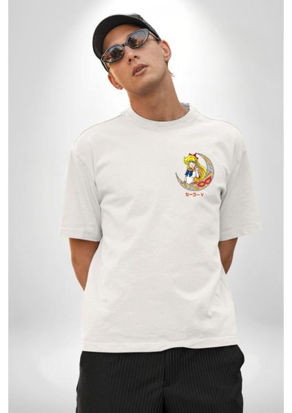 Sailor Moon Anime Usagi Tsukino Beyaz Oversize Kadın Erkek Ön ve Sırt Baskılı T-Shirt