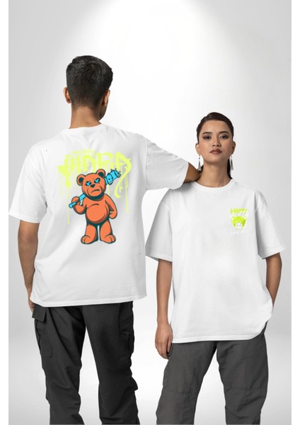 Sık Sık Mutlu Gülmek Teddy Bear Beyaz Oversize Kadın Erkek Ön ve Sırt Baskılı T-Shirt