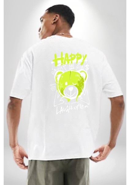 Sık Sık Mutlu Gülmek Teddy Bear Beyaz Oversize Kadın Erkek Ön ve Sırt Baskılı T-Shirt fiyatları