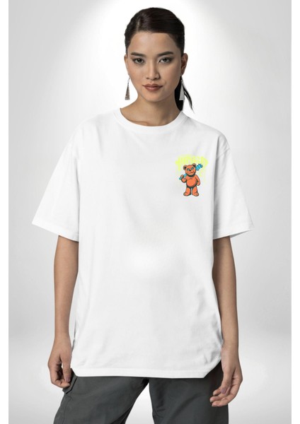 Sık Sık Mutlu Gülmek Teddy Bear Beyaz Oversize Kadın Erkek Ön ve Sırt Baskılı T-Shirt modelleri