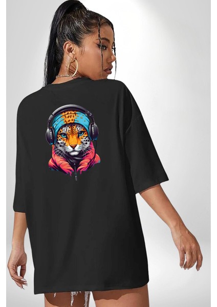 Kulaklık Kedi Leopar Bandana Siyah Oversize Kadın Erkek Ön ve Sırt Baskılı T-Shirt modelleri