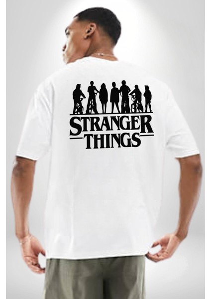 Stranger Things Beyaz Oversize Kadın Erkek Ön ve Sırt Baskılı T-Shirt