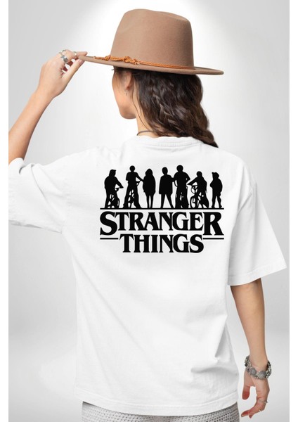 Stranger Things Beyaz Oversize Kadın Erkek Ön ve Sırt Baskılı T-Shirt