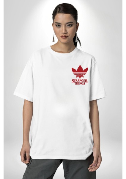 Stranger Things Beyaz Oversize Kadın Erkek Ön ve Sırt Baskılı T-Shirt