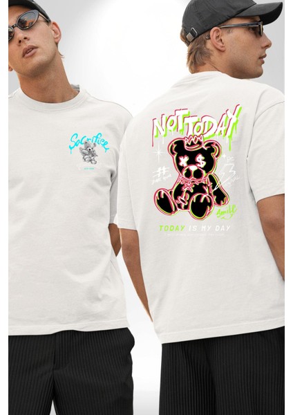Bugün Değil Beyaz Oversize Kadın Erkek Ön ve Sırt Baskılı T-Shirt