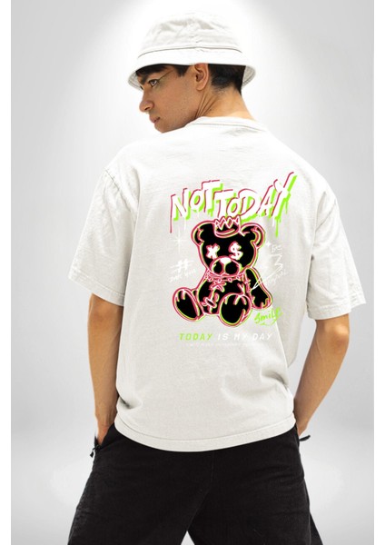 Bugün Değil Beyaz Oversize Kadın Erkek Ön ve Sırt Baskılı T-Shirt