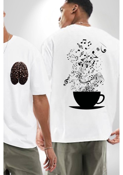 Kahve Müzik Nota Beyaz Oversize Kadın Erkek Ön ve Sırt Baskılı T-Shirt