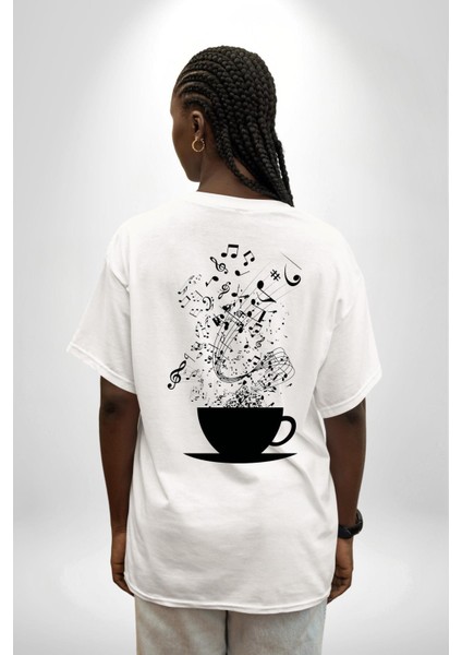 Kahve Müzik Nota Beyaz Oversize Kadın Erkek Ön ve Sırt Baskılı T-Shirt fiyatları