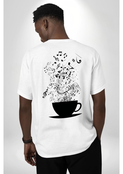 Kahve Müzik Nota Beyaz Oversize Kadın Erkek Ön ve Sırt Baskılı T-Shirt fırsatları