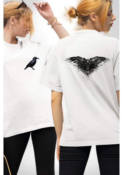 3 Gözlü Kuzgun Beyaz Oversize Kadın Erkek Ön ve Sırt Baskılı T-Shirt