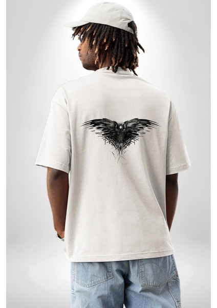 3 Gözlü Kuzgun Beyaz Oversize Kadın Erkek Ön ve Sırt Baskılı T-Shirt