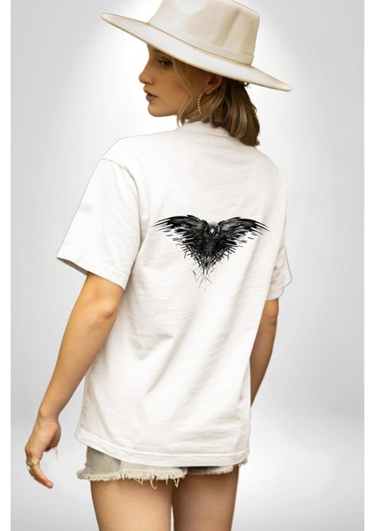 3 Gözlü Kuzgun Beyaz Oversize Kadın Erkek Ön ve Sırt Baskılı T-Shirt