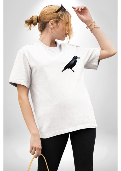 3 Gözlü Kuzgun Beyaz Oversize Kadın Erkek Ön ve Sırt Baskılı T-Shirt