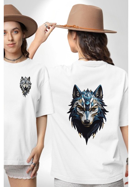 Mavi Kurt Robot Beyaz Oversize Kadın Erkek Ön ve Sırt Baskılı T-Shirt
