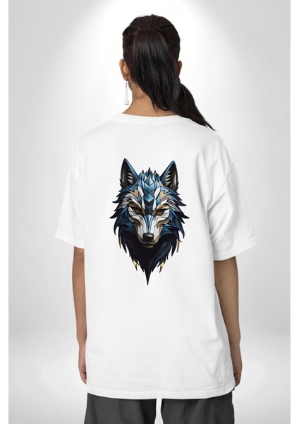 Mavi Kurt Robot Beyaz Oversize Kadın Erkek Ön ve Sırt Baskılı T-Shirt