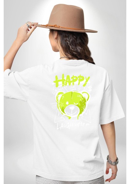 Sık Sık Mutlu Gülmek Teddy Bear Beyaz Oversize Kadın Erkek Ön ve Sırt Baskılı T-Shirt fırsatları