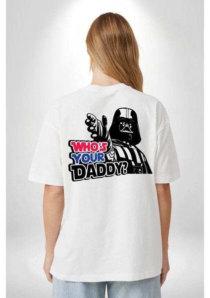 Darth Vader Senin Baban Kim ? Beyaz Oversize Kadın Erkek Ön ve Sırt Baskılı T-Shirt