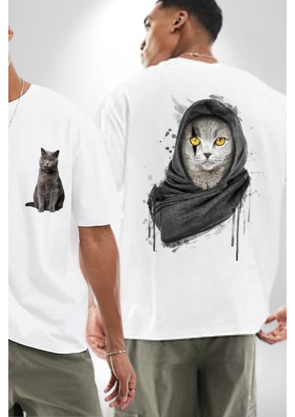Safari Kedi Şal Eşarp Beyaz Oversize Kadın Erkek Ön ve Sırt Baskılı T-Shirt