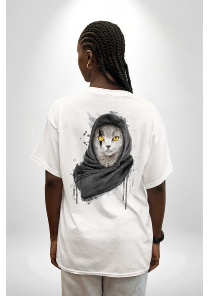 Safari Kedi Şal Eşarp Beyaz Oversize Kadın Erkek Ön ve Sırt Baskılı T-Shirt