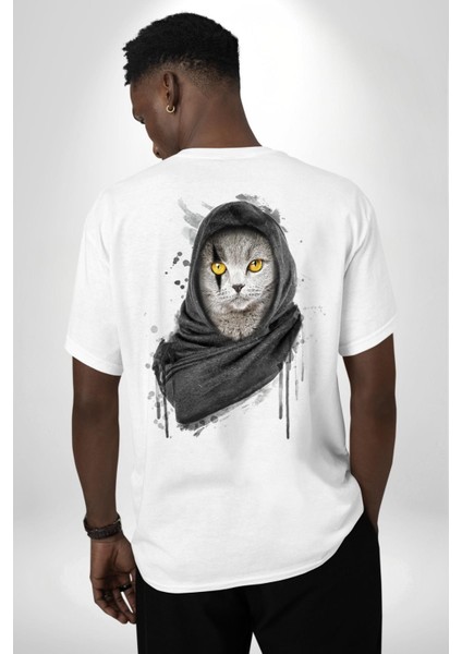 Safari Kedi Şal Eşarp Beyaz Oversize Kadın Erkek Ön ve Sırt Baskılı T-Shirt