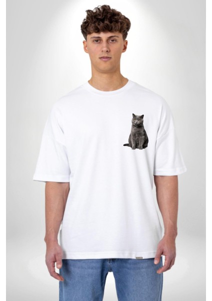 Safari Kedi Şal Eşarp Beyaz Oversize Kadın Erkek Ön ve Sırt Baskılı T-Shirt