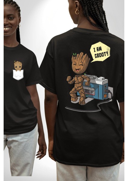 Müzik Dinleyen Groot Siyah Oversize Kadın Erkek Ön ve Sırt Baskılı T-Shirt