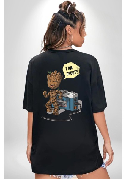 Müzik Dinleyen Groot Siyah Oversize Kadın Erkek Ön ve Sırt Baskılı T-Shirt