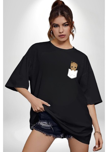 Müzik Dinleyen Groot Siyah Oversize Kadın Erkek Ön ve Sırt Baskılı T-Shirt