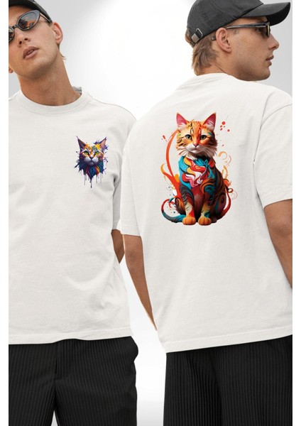 Renkli Yağlı Boya Kedi Beyaz Oversize Kadın Erkek Ön Sırt Baskılı Tişört