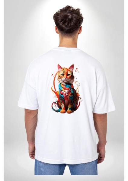 Renkli Yağlı Boya Kedi Beyaz Oversize Kadın Erkek Ön Sırt Baskılı Tişört