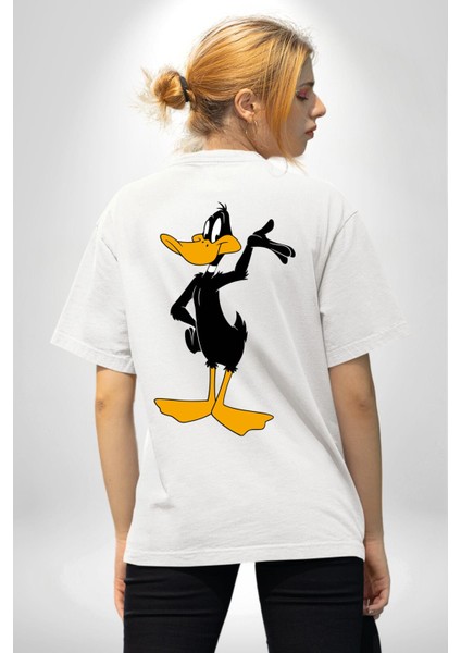 Daffy Duck Donald Duck Daisy Ördek Beyaz Oversize Kadın Erkek Ön ve Sırt Baskılı T-Shirt