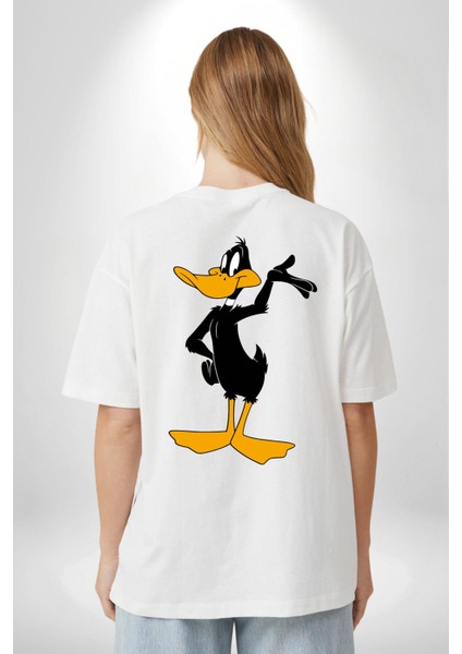 Daffy Duck Donald Duck Daisy Ördek Beyaz Oversize Kadın Erkek Ön ve Sırt Baskılı T-Shirt