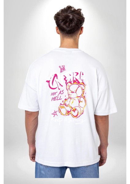 Yanmaya Devam Edecek Kadar Sıcak Beyaz Oversize Kadın Erkek Ön ve Sırt Baskılı T-Shirt fiyatları