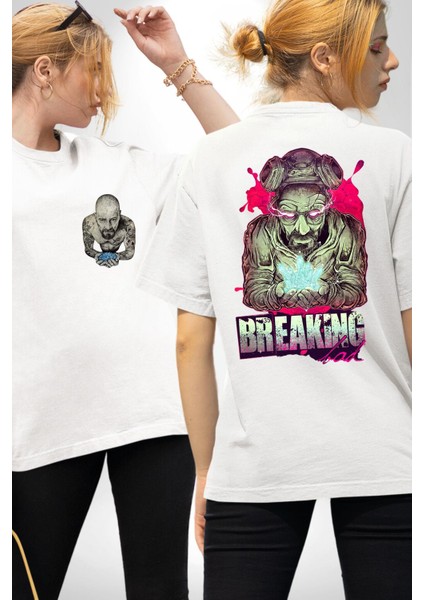 Breaking Bad Beyaz Oversize Kadın Erkek Ön ve Sırt Baskılı T-Shirt