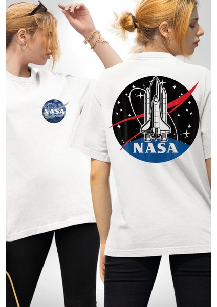 Nasa Apollo Programı Beyaz Oversize Kadın Erkek Ön ve Sırt Baskılı T-Shirt