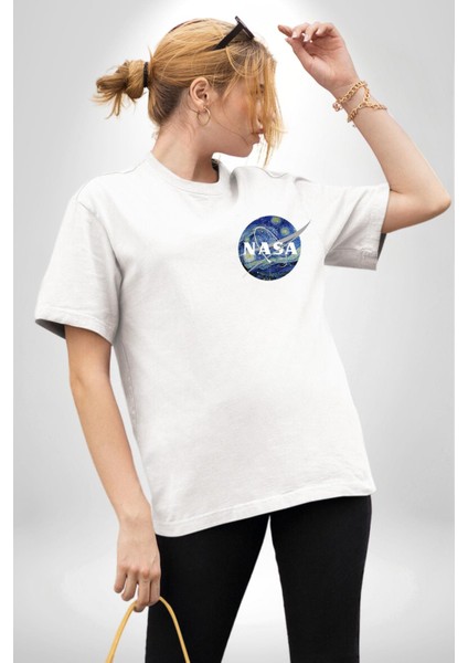 Nasa Apollo Programı Beyaz Oversize Kadın Erkek Ön ve Sırt Baskılı T-Shirt