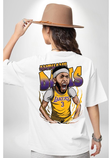 Anthony Davis Basketbol Lakers Beyaz Oversize Kadın Erkek Ön ve Sırt Baskılı T-Shirt