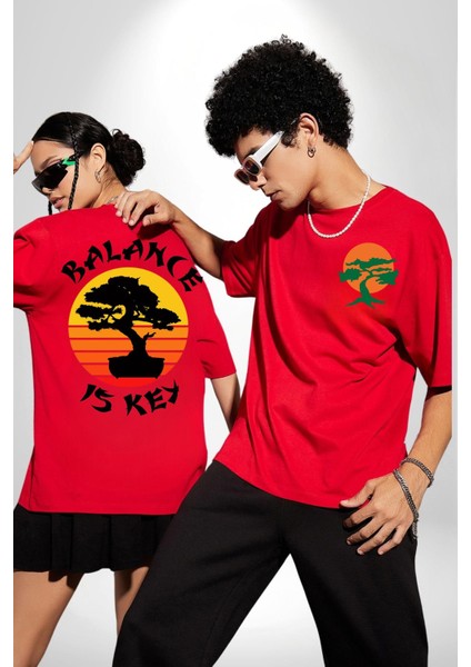Karete Çocuk Bonsai Kırmızı Oversize Kadın Erkek Ön ve Sırt Baskılı T-Shirt