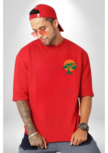 Karete Çocuk Bonsai Kırmızı Oversize Kadın Erkek Ön ve Sırt Baskılı T-Shirt modelleri