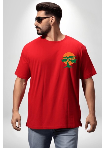 Karete Çocuk Bonsai Kırmızı Oversize Kadın Erkek Ön ve Sırt Baskılı T-Shirt indirimleri