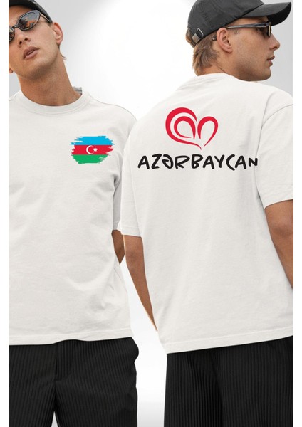 Azerbaycan Seviyorum I Love Azarbaycan Beyaz Oversize Kadın Erkek Ön ve Sırt Baskılı T-Shirt