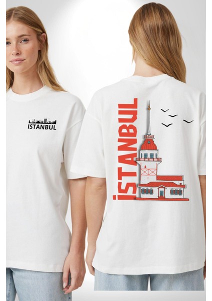 Istanbul Kız Kulesi Türkiye Beyaz Oversize Kadın Erkek Ön ve Sırt Baskılı T-Shirt