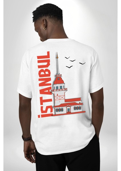 Istanbul Kız Kulesi Türkiye Beyaz Oversize Kadın Erkek Ön ve Sırt Baskılı T-Shirt fiyatları