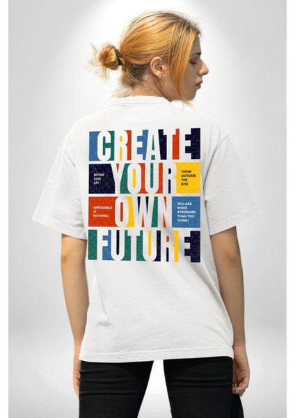 Geleçeği Seninle Planlayalım Beyaz Oversize Kadın Erkek Ön ve Sırt Baskılı T-Shirt fiyatları