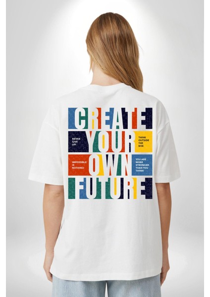 Geleçeği Seninle Planlayalım Beyaz Oversize Kadın Erkek Ön ve Sırt Baskılı T-Shirt fırsatları