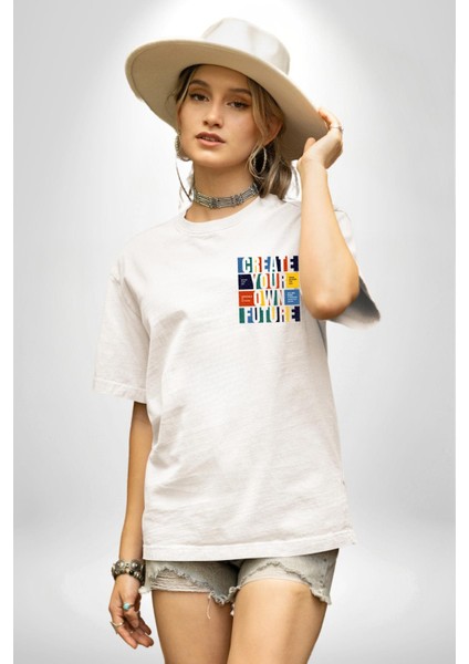 Geleçeği Seninle Planlayalım Beyaz Oversize Kadın Erkek Ön ve Sırt Baskılı T-Shirt indirimleri