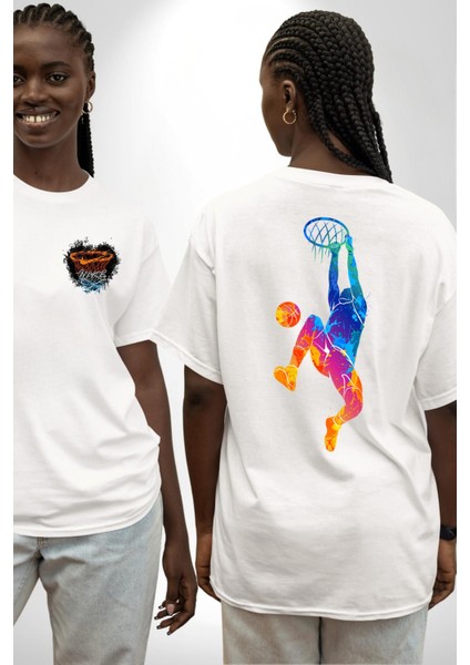 Smaç Basketbol Renkli Beyaz Oversize Kadın Erkek Ön ve Sırt Baskılı T-Shirt