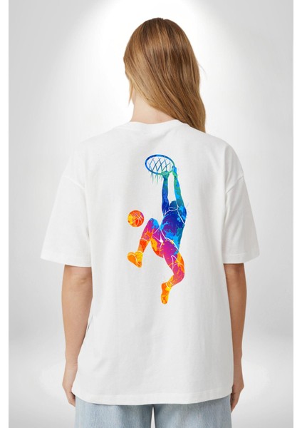 Smaç Basketbol Renkli Beyaz Oversize Kadın Erkek Ön ve Sırt Baskılı T-Shirt fiyatları