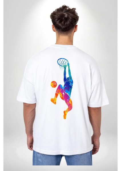 Smaç Basketbol Renkli Beyaz Oversize Kadın Erkek Ön ve Sırt Baskılı T-Shirt fırsatları