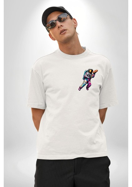 Bulutlar Astronot Uzay Beyaz Oversize Kadın Erkek Ön ve Sırt Baskılı T-Shirt indirimleri